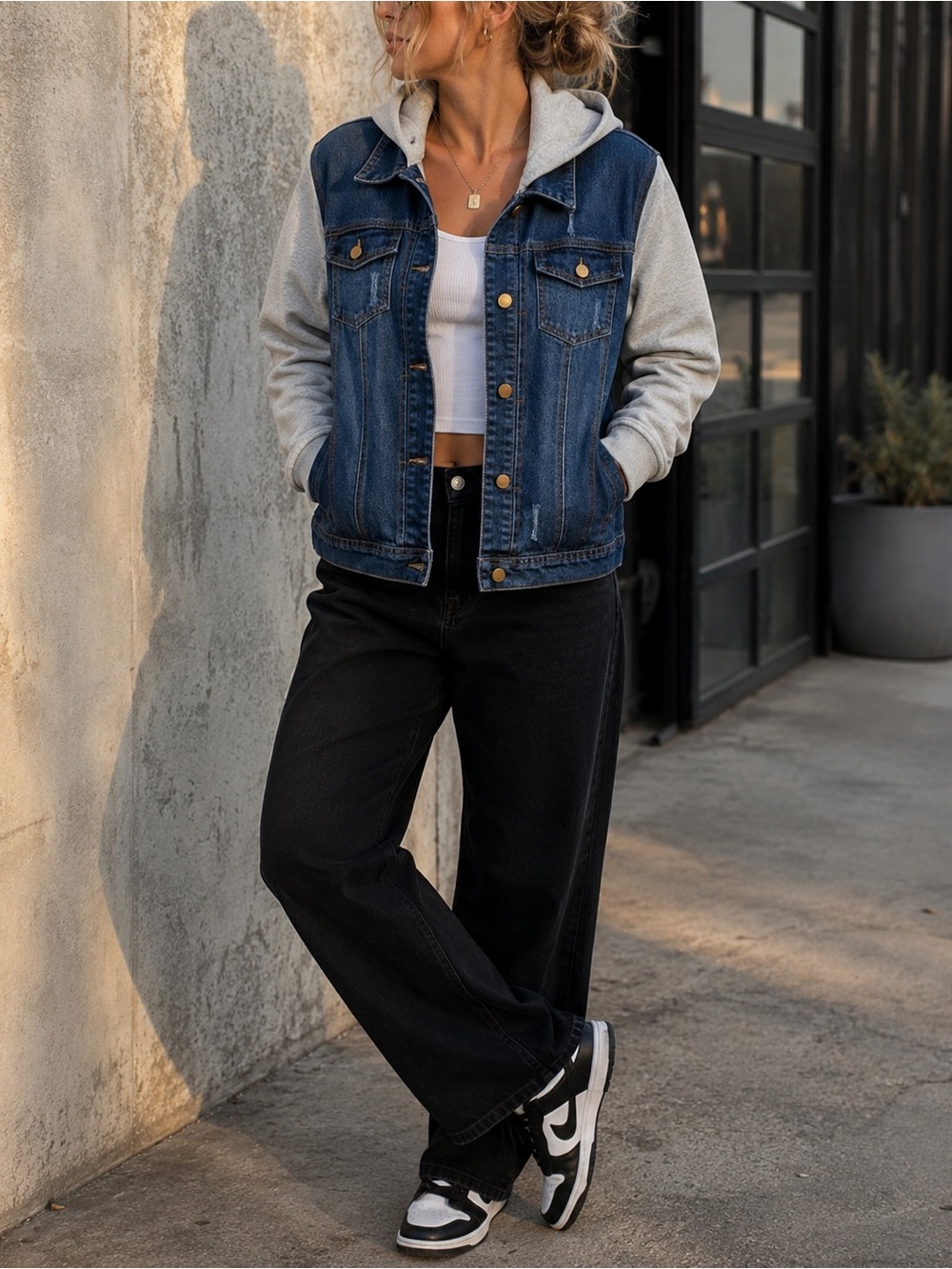 Zenobia Hooded Denim Jacket Womens 1X Gray Sleeve Jean Jacket